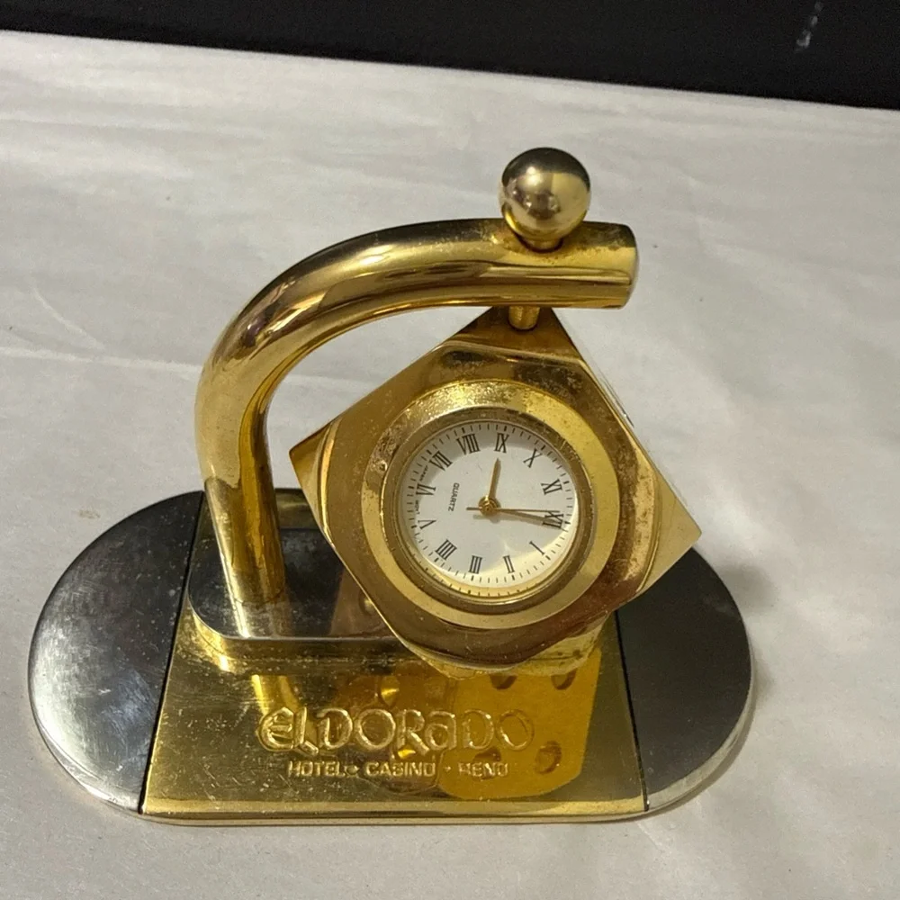 Vintage El Dorado Reno Casino Dice Desk Clock Gold Tone Working Quartz Spinner